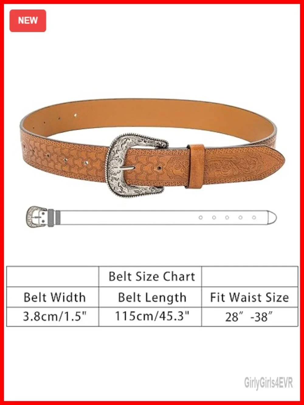 Vintage Western Belt Faux Leather Engraved Buckle Unisex Waist 29-39